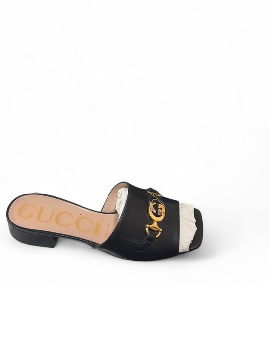 Gucci Shoes - Gucci Black Leather Gold Horsebit Slide Mule
